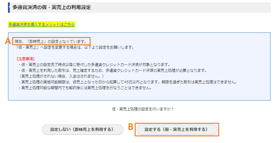 多通貨決済の仮・実売上の利用設定画面