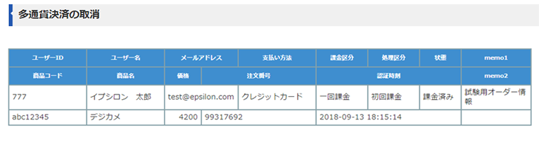 多通貨決済の取消（完了）画面