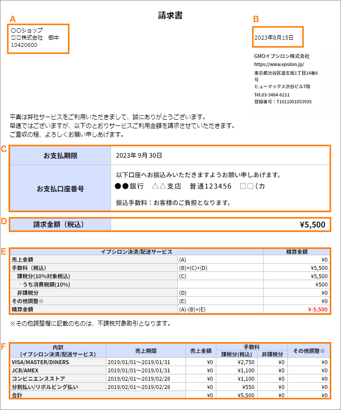 振込明細書・請求書の確認画面