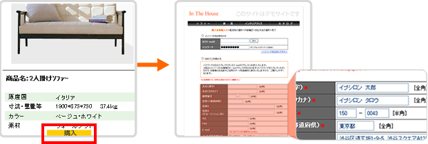 購入したい商品ページにて購入ボタンをクリック後、個人情報を入力